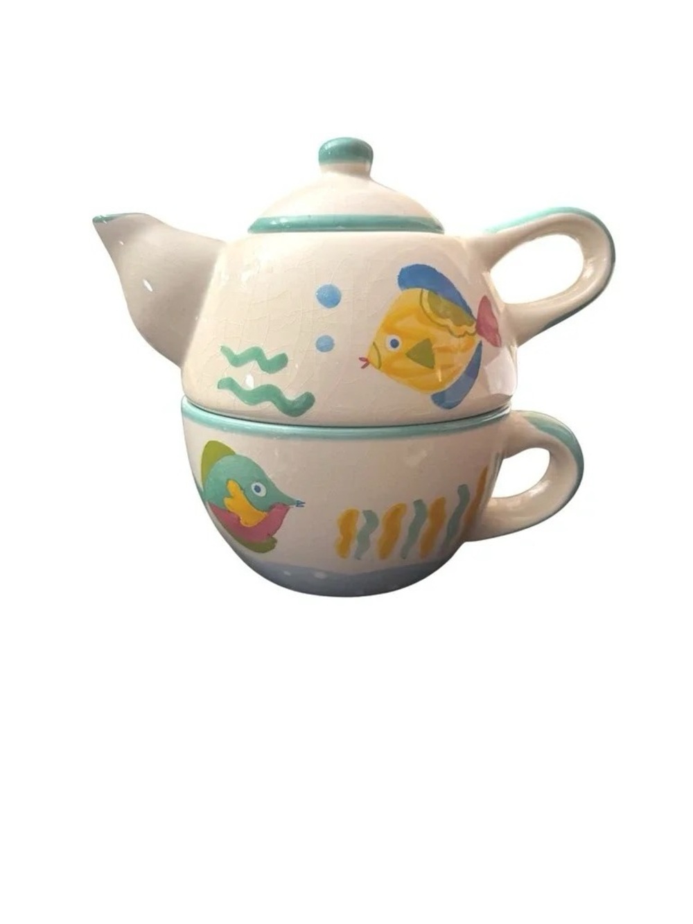 Whimsical Fish Ceramic Tea-for-One Set in White and Aqua